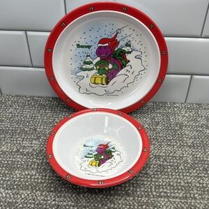 Barney Plate And Bowl Melamine VTG 1993‎ Sledding Scene Collector Child Kitchen
